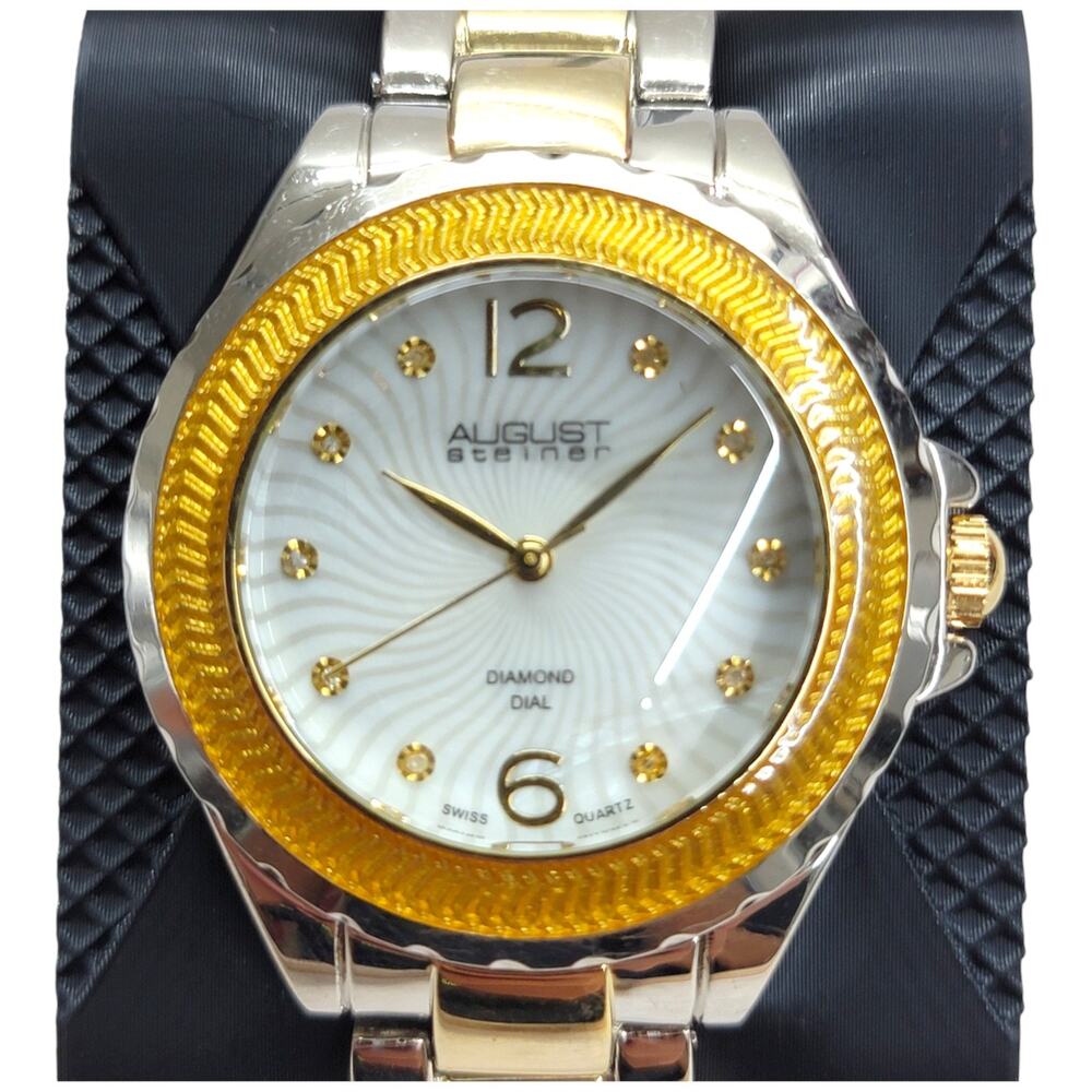 August Steiner AS8064 Two Tone Swiss Quartz Diamond Dial Watch New Battery